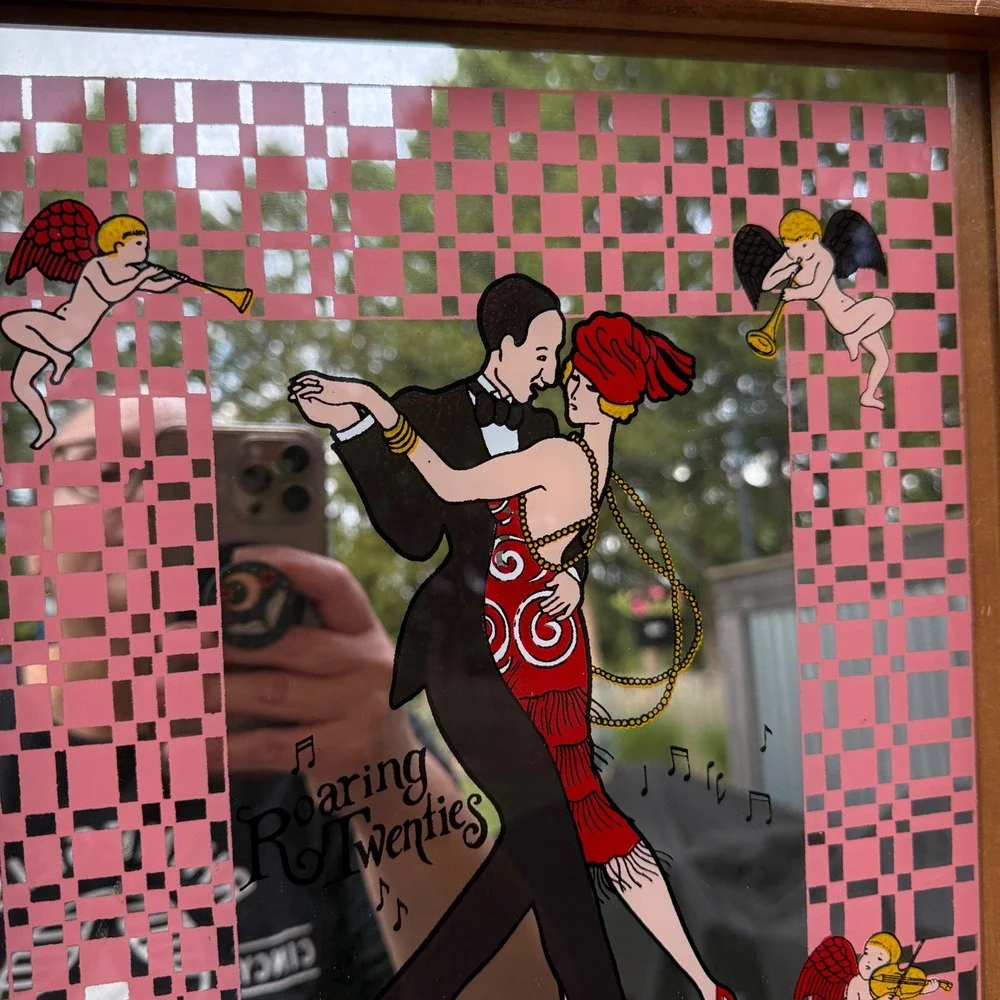 Roaring Twenties Speakeasy Open Mirror Pink Flapper Art Deco Cherubs Vintage 70s